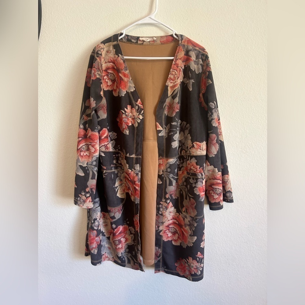 Solitaire floral suede open front kimono large